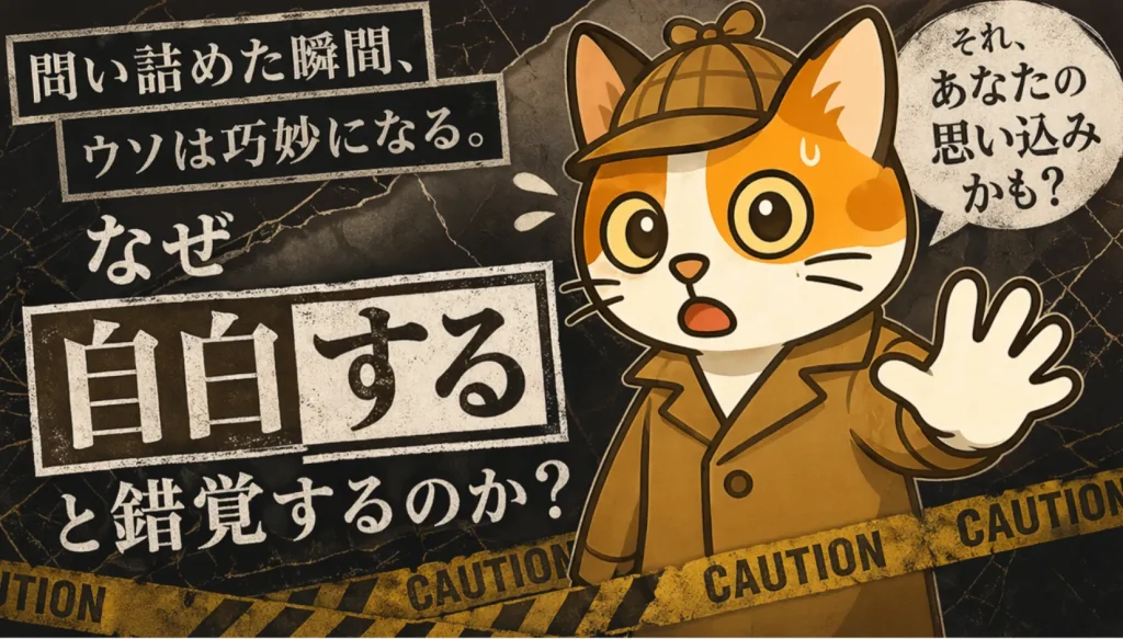 Cartoon orange cat detective in a trench coat raises a paw, with a speech bubble asking, 'That could be your assumption?'. Behind it, bold Japanese text discusses why lies become clever under pressure, with CAUTION tape in the background.
