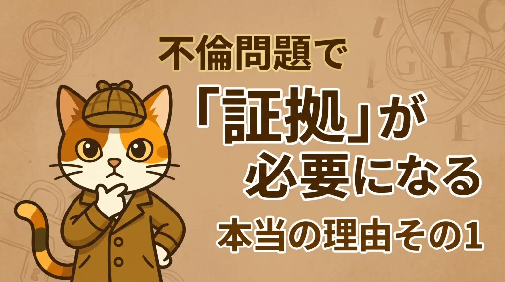Cartoon cat detective wearing a deerstalker hat and trench coat on a beige background with large Japanese text about infidelity issues.