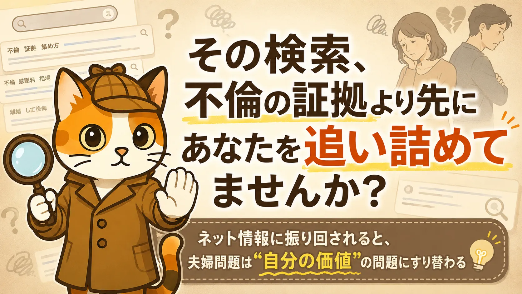 その検索、不倫の証拠より先にあなたを追い詰めてませんか？ ネット情報に振り回されると、夫婦問題は“自分の価値”の問題にすり替わりについて解説する記事